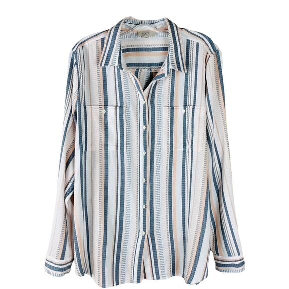 Loft blue white peach striped coastal textured button front shirt top - Picture 1 of 7